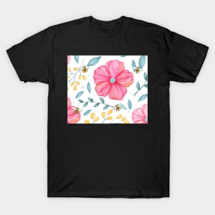 Pink and Yellow Flower Pattern with Honey Bees T-Shirt